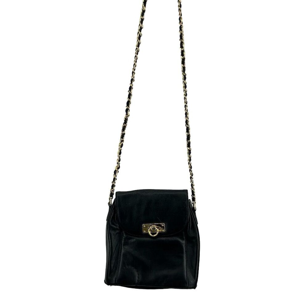 Vintage Lord & Taylor Black Leather Shoulder Bag Gold Chain Strap